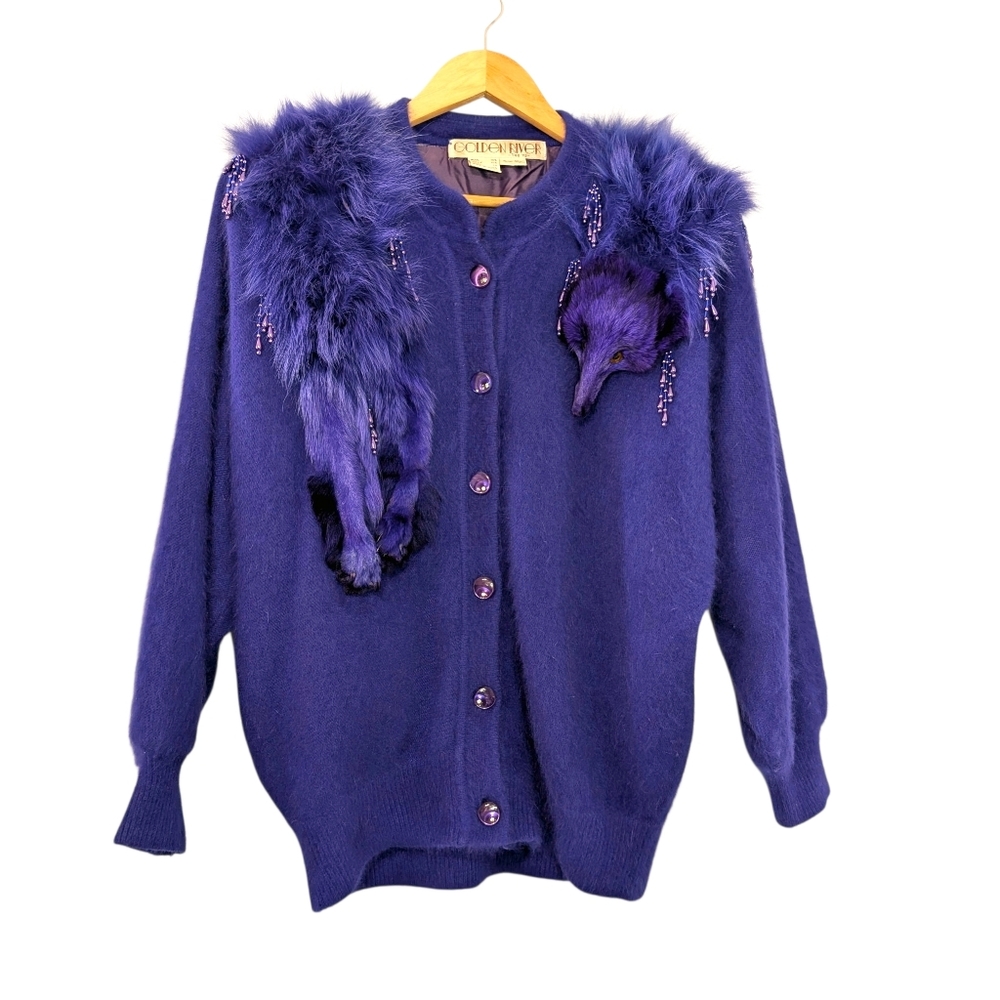 Vintage Golden River Tae Ya Cardigan Bold Purple Angora Fancy Lux Sweater OS